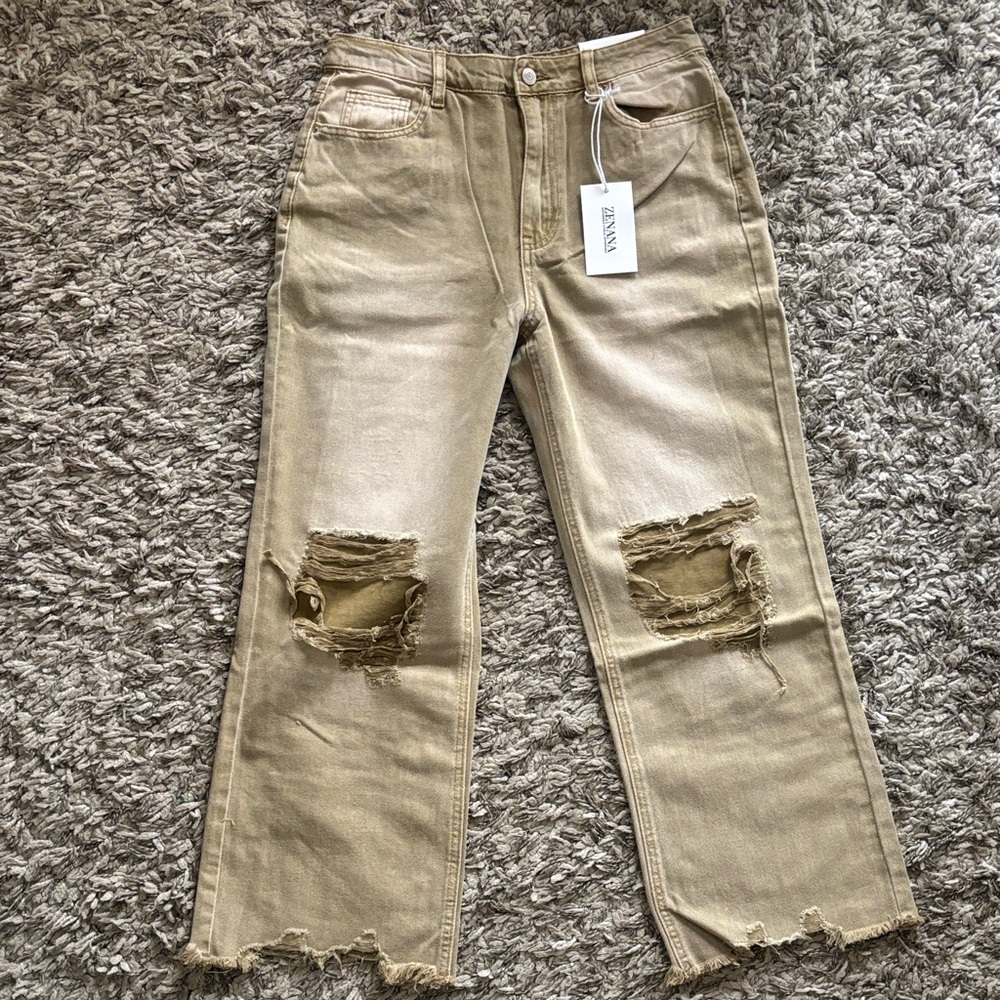 Zenana Olive Distressed Wide-Leg Jeans New with tags